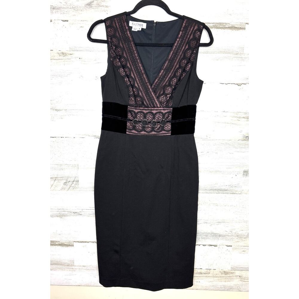 Kay Unger New York Black Velvet Lace V Neck Midi Dress Womens 8 Cocktail